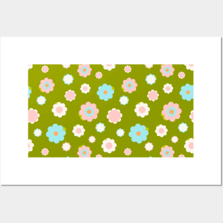 White, blue and pink flowers over green background Posters and Art